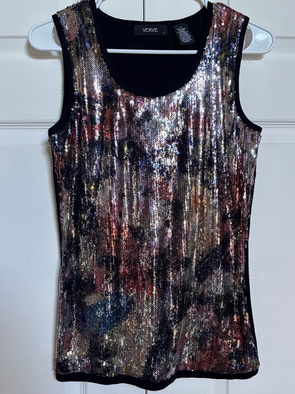Verve Sequin Tank Top Womens S Multicolor Floral Black Sleeveless Party Holiday